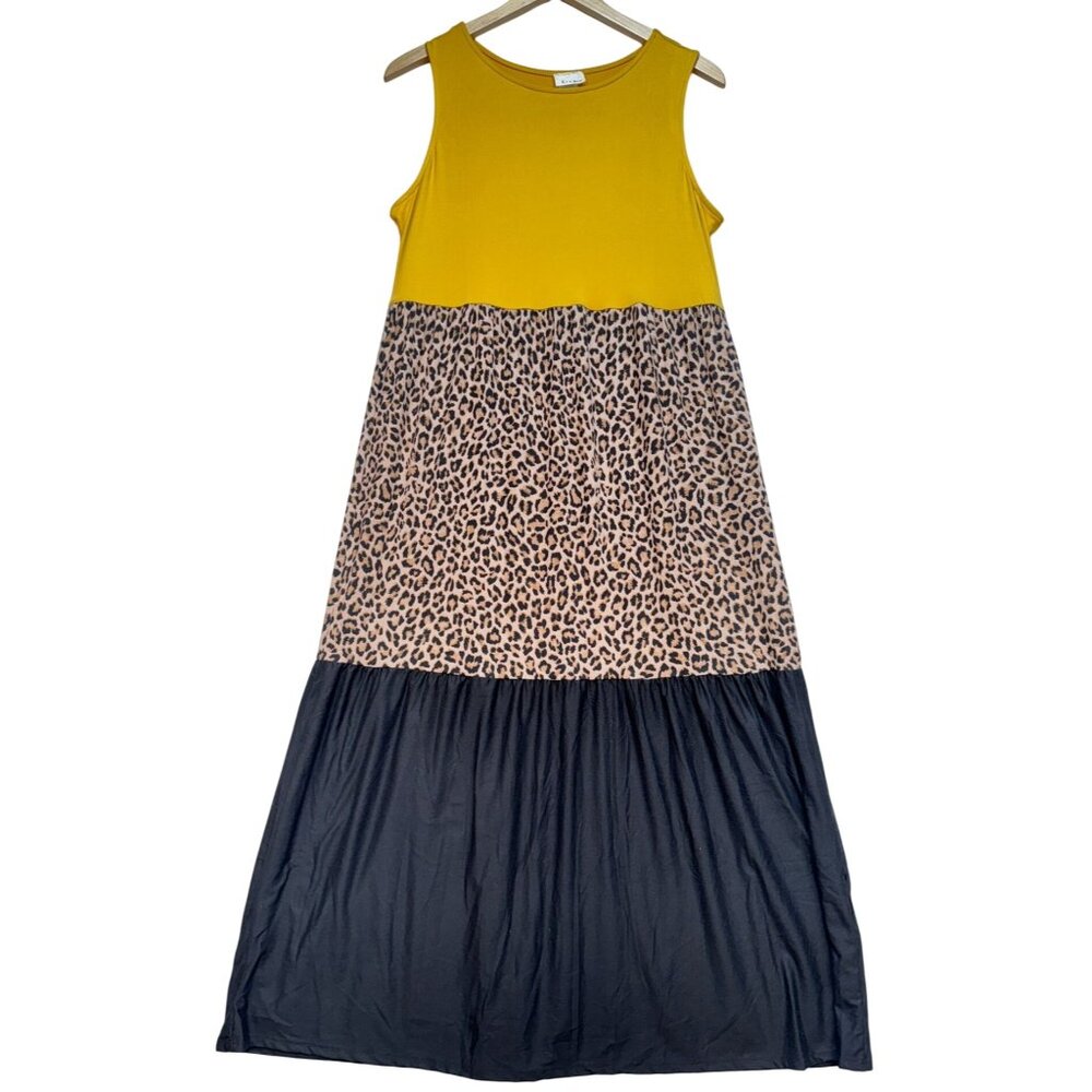 P&rose Womens Sleeveless Round Neck Midi Dress Sz 2XL Black Yellow Leopard Print
